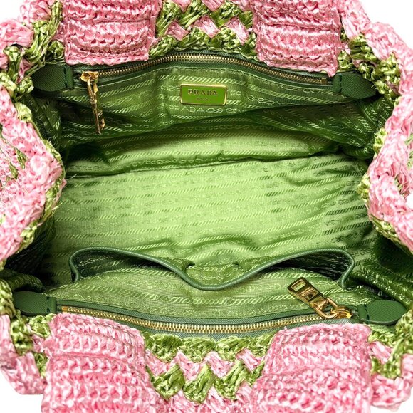 PRADA Vintage Logo Raffia Mini Tote Bag Pink Green Polyethylene [105145] - Picture 10 of 11